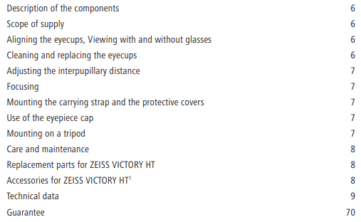 Zeiss Victory HT Binoculars instruction manual