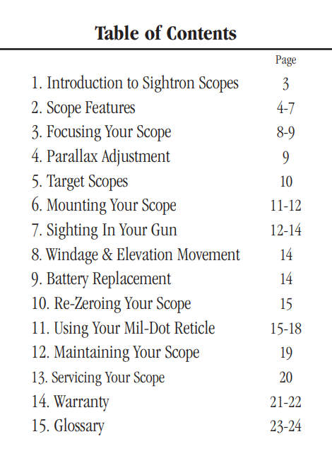 Sightron S TAC, SI HUNTER, SII, SIII, SV Rifle Scopes instruction manual