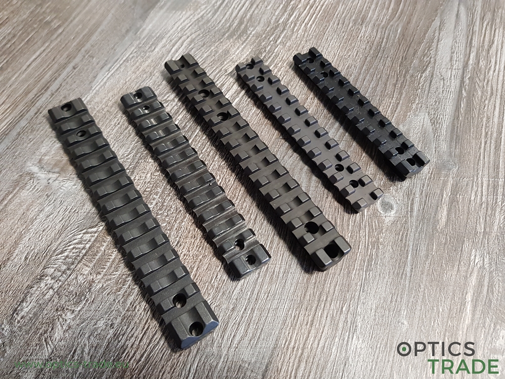 Steel Picatinny rails from various manufacturers (From left to right - Recknagel, EAW, Contessa, Audere, Rusan)