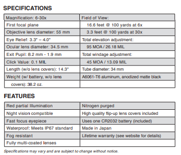 Primary Arms PLx5 6-30 FFP with ACSS® Apollo™ 6.5CR/.224V Reticle Instruction Manual