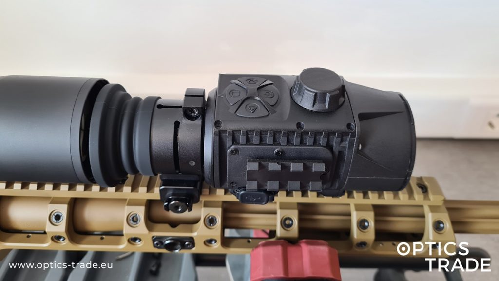 Pulsar Krypton FXG50 mounted in front of a riflescope with a special rail-mounted adapter