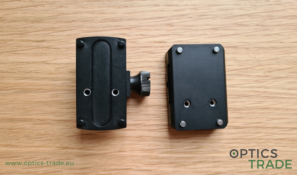 An EAW adapter for Docter & Noblex mounting standard (left) and an adapter for Delta Optical MiniDot HD 25