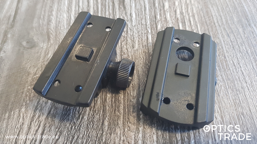 An adapter designed for GPO Spectra's mounting standard (right) next to the adapter designed for Aimpoint Micro's mounting standard (left)