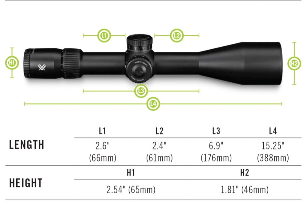 Physical Measurements of Vortex Venom 5-25x56 FFP EBR-7C MOA MRAD Tactical Riflescope