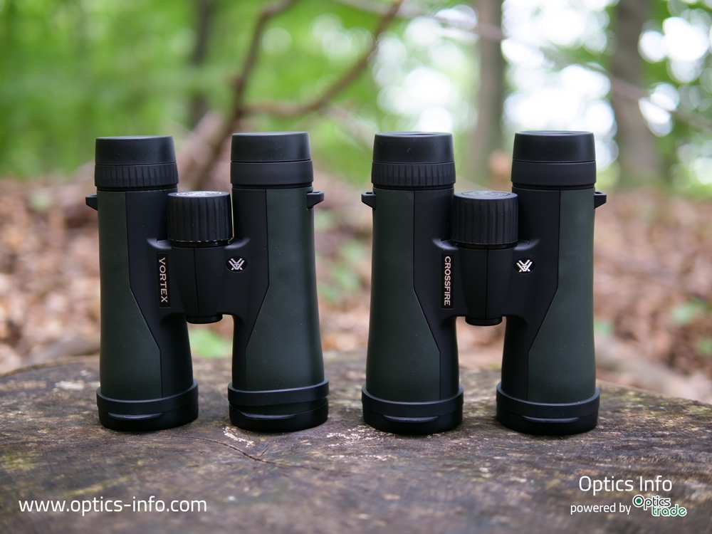 Vortex Crossfire binoculars, previous generation on the right, new generation on the left