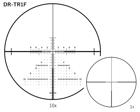 DR-TR1F reticle for March 1-10x24 Shorty at 10x and 1x magnification