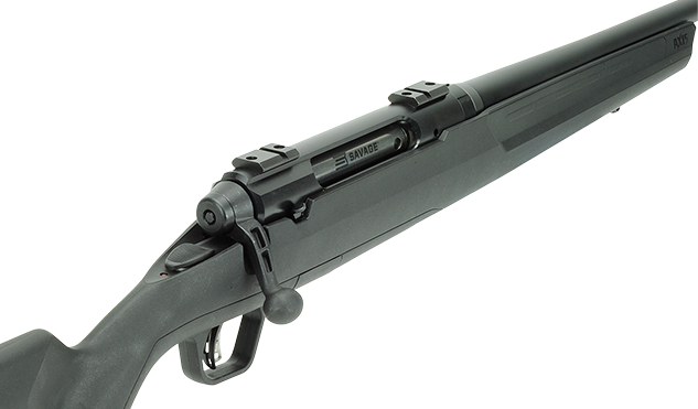 The receiver of Savage Axis II Compact with Weaver bases visible on its mounting surface The receiver of Savage Axis II Compact with Weaver bases visible on its mounting surface